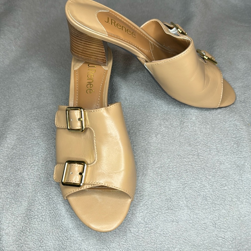J.Renee Beige Leather Block Heel Buckle Sandals